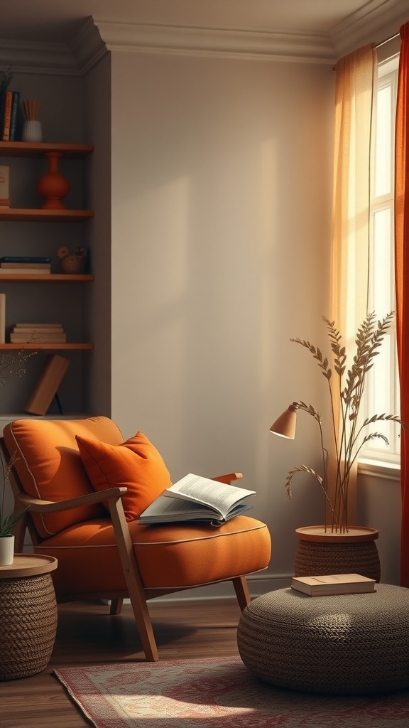 A cozy reading nook featuring an orange accent chair, a side table with books, and a plant by the window.