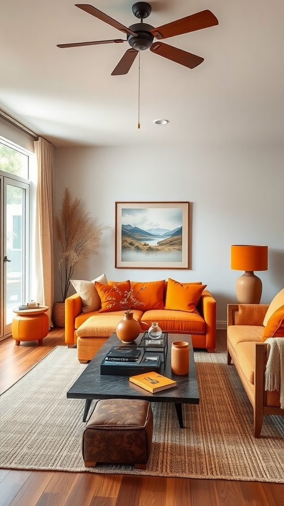 A bright orange living room with natural wood furniture and plants.