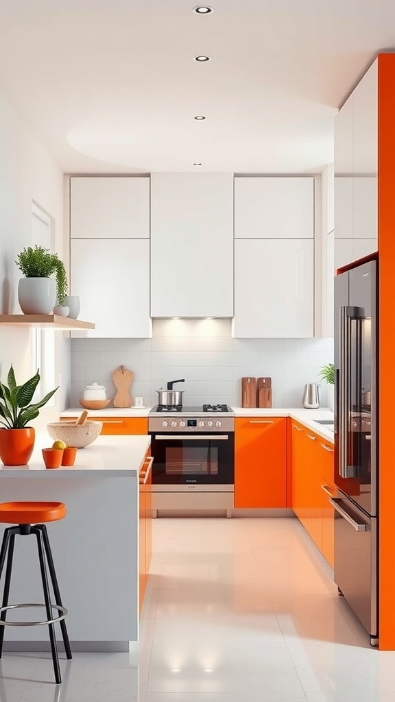 Modern kitchen featuring orange cabinets and white walls.