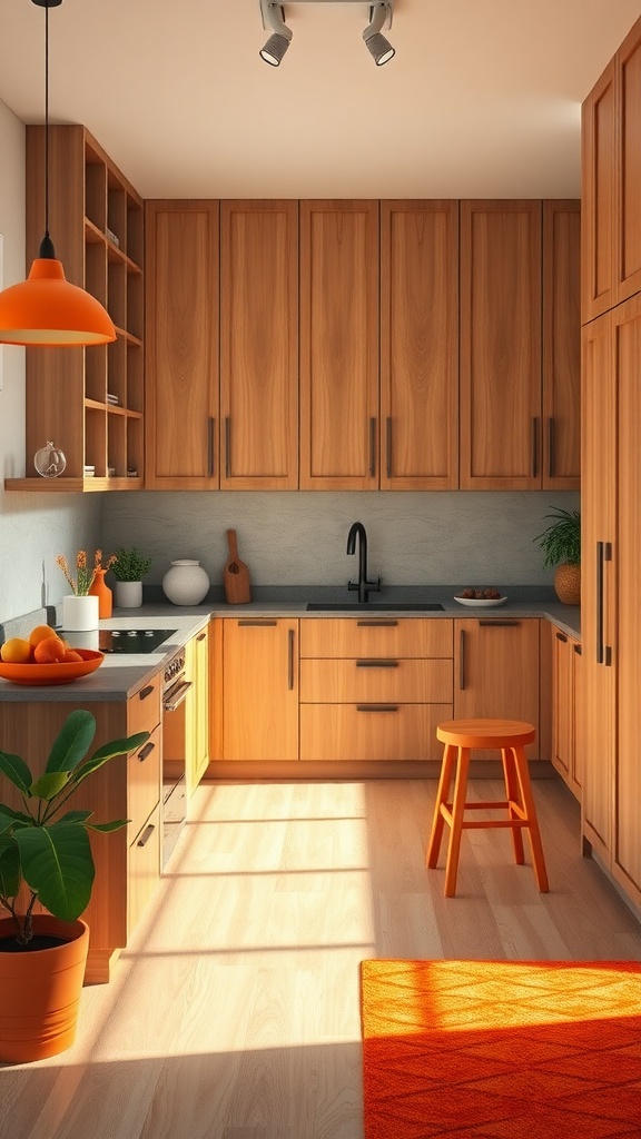 A cozy kitchen featuring wooden cabinets and orange accents