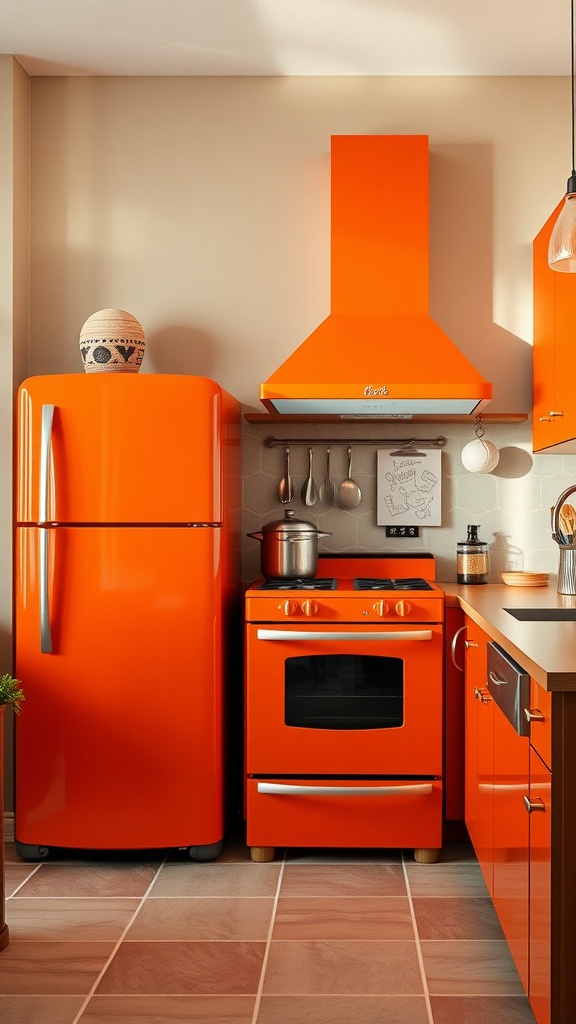 Bright orange kitchen with modern appliances