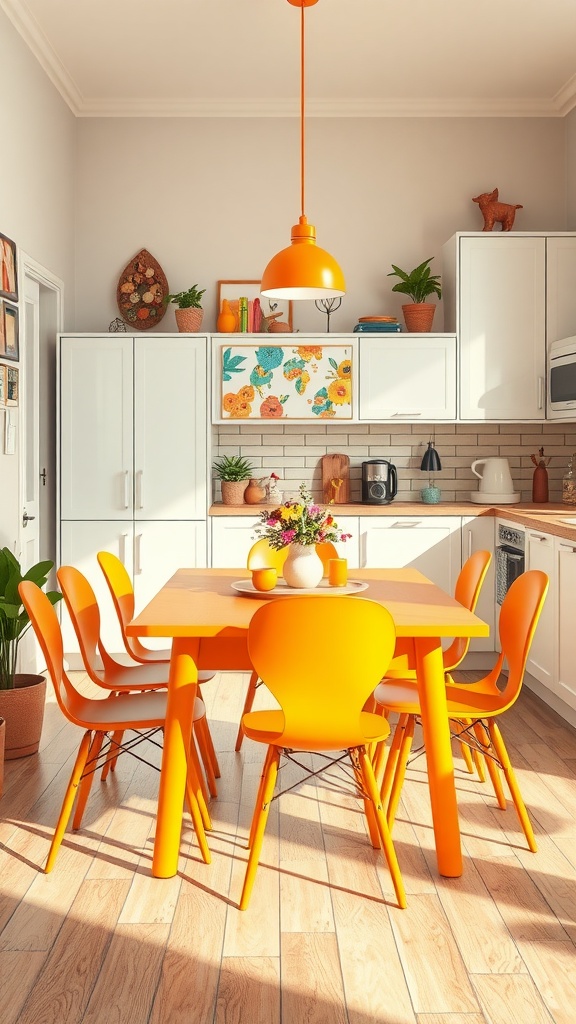 Bright orange dining set in a modern kitchen with plants and decor.