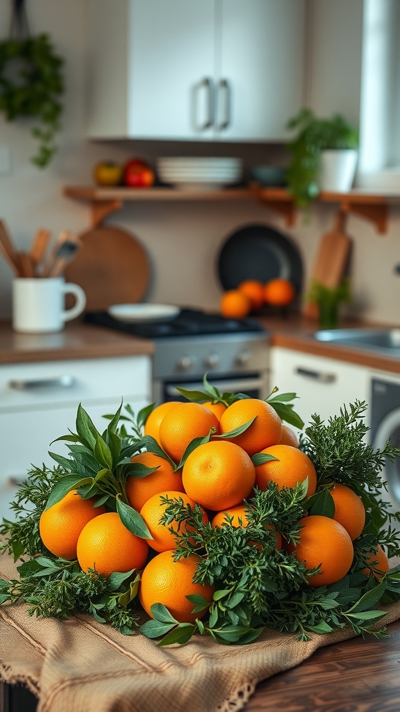 A beautiful arrangement of oranges and green leaves in a kitchen setting.