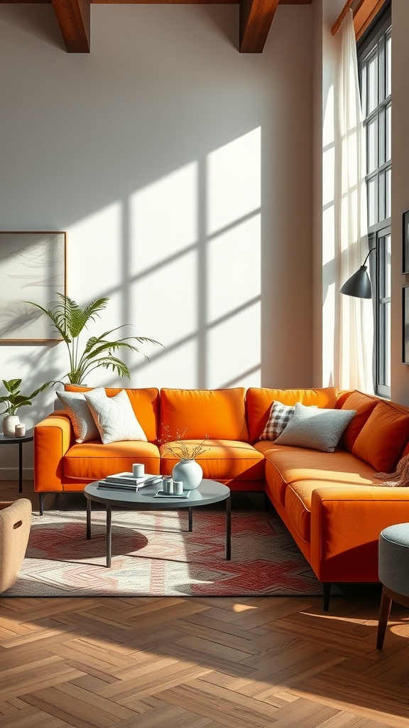 Vibrant orange sectional sofa in a stylish living room