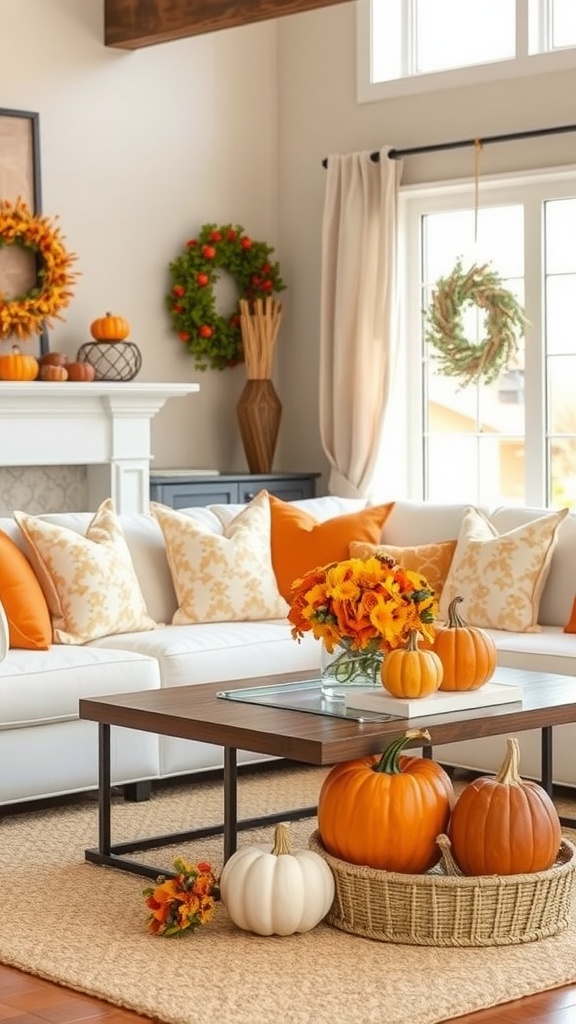 A cozy living room decorated for fall with various pumpkins and vibrant orange decor.