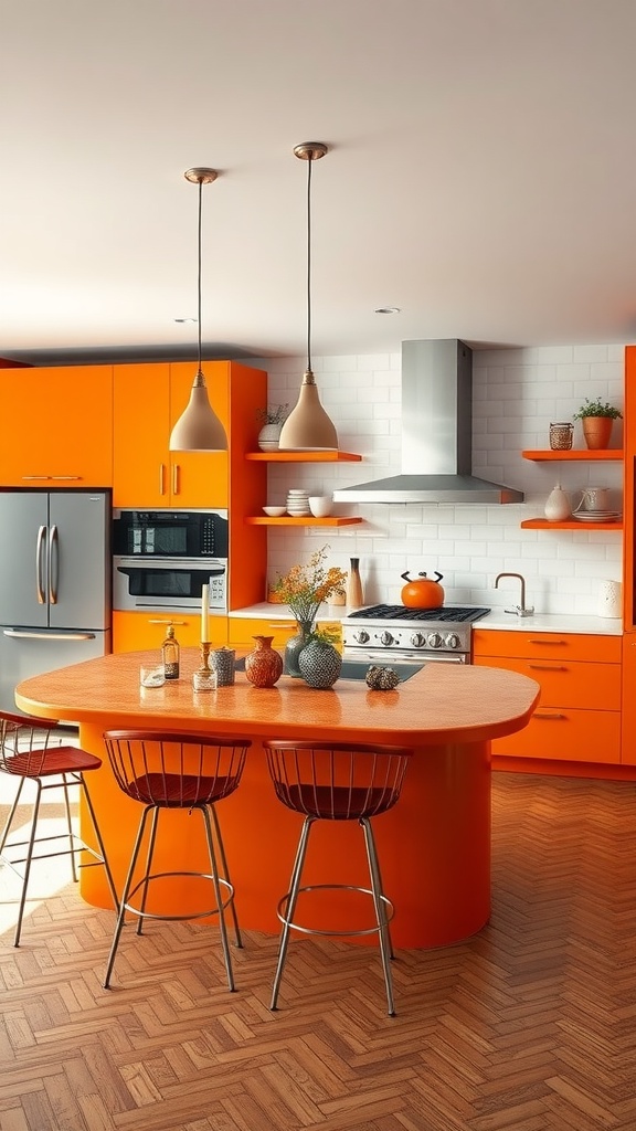 A vibrant orange kitchen island in a modern kitchen with wooden flooring and stylish bar stools.