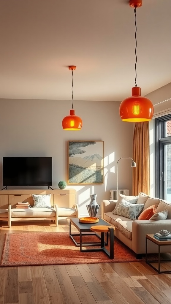 A cozy living room featuring orange lighting fixtures, stylish furniture, and warm decor.