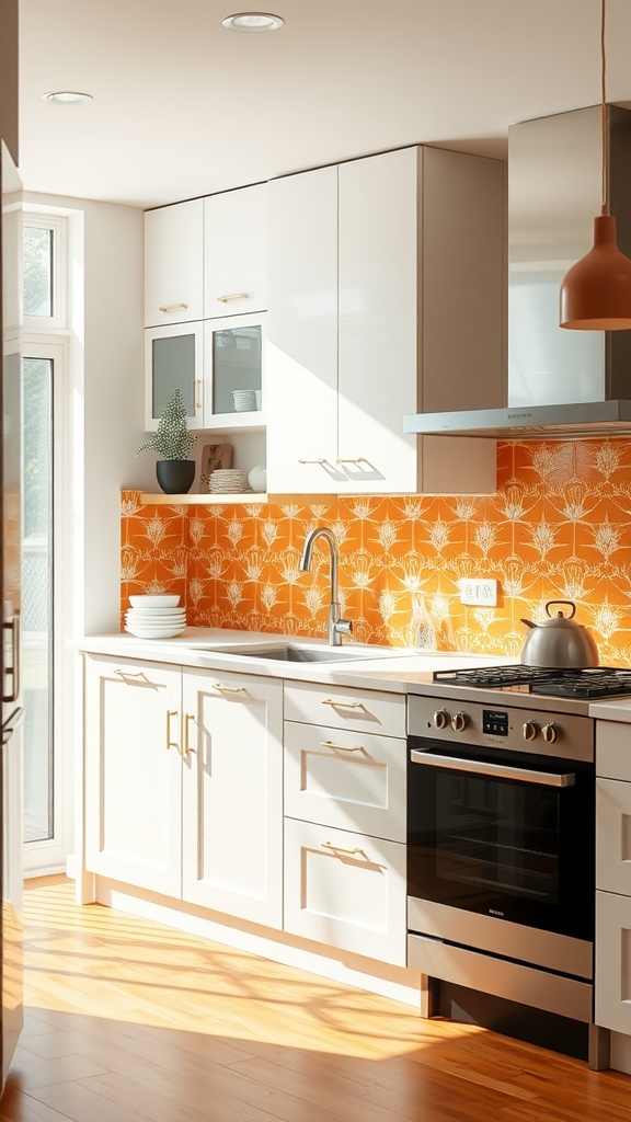 A bright kitchen featuring orange mosaic tiles and white cabinetry.