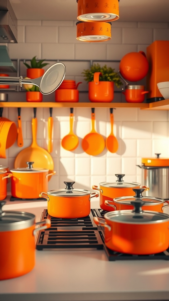 A kitchen filled with orange themed cookware, including pots, pans, and utensils.