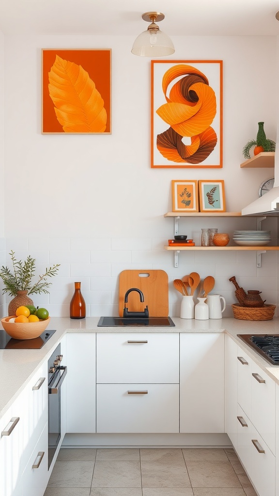 A modern kitchen featuring orange wall art, bright decor, and stylish accessories.