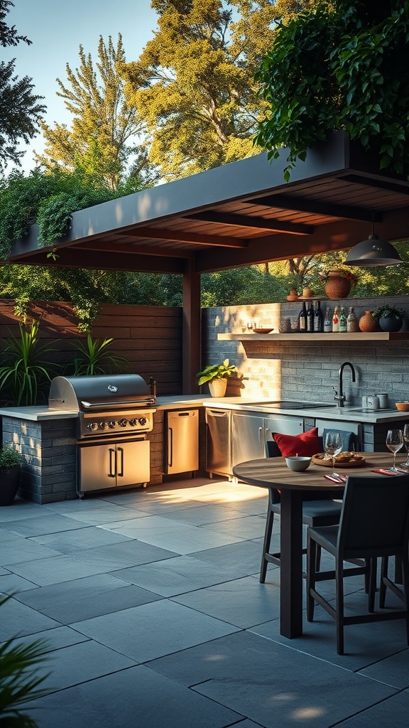 A stylish outdoor kitchen with a grill, countertop, and dining area surrounded by greenery.