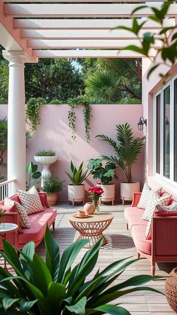 A stylish outdoor patio with pink walls, pink sofas, a woven coffee table, and lush green plants.