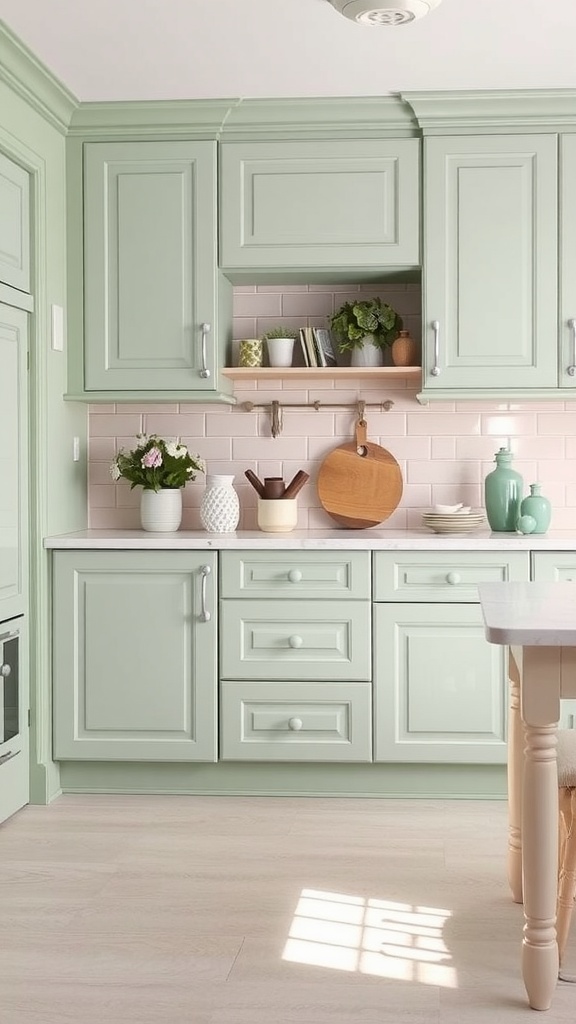 A modern kitchen with pale green cabinets and pastel pink walls, featuring elegant brass handles and decorative elements.