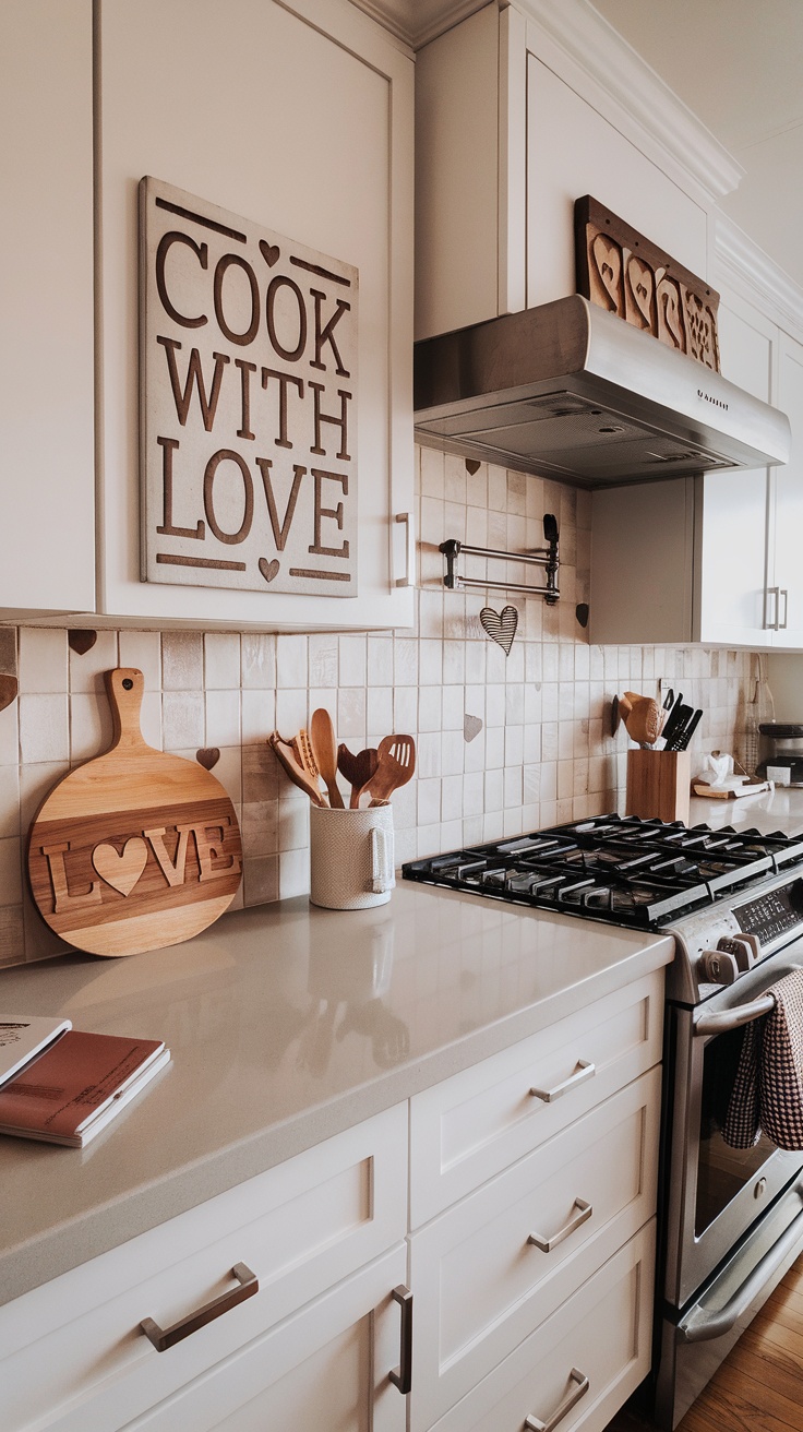 A cozy kitchen corner with wooden shelves filled with family photos and plants