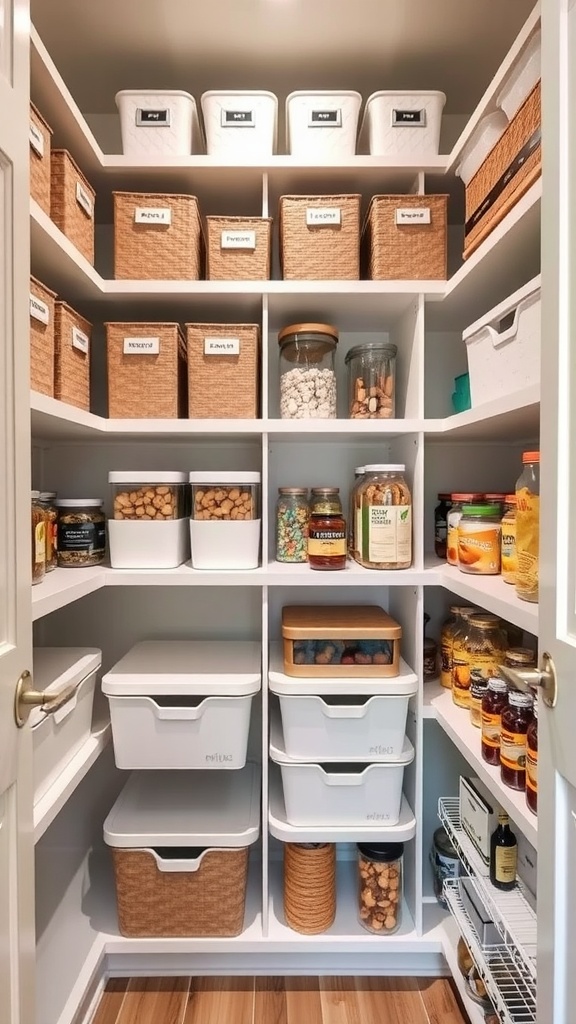 Organized pantry with labeled storage bins and clear containers