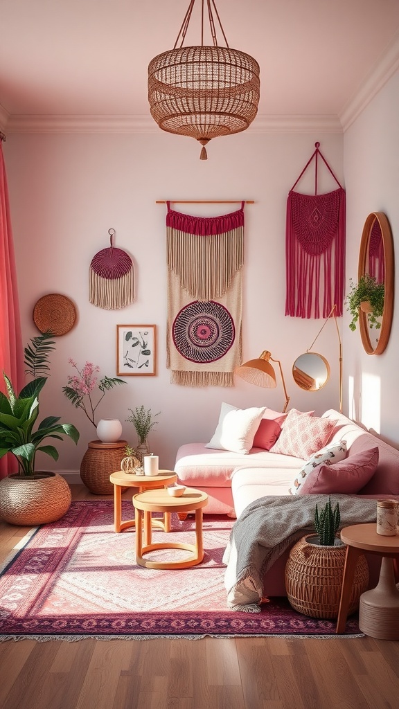 A beautifully decorated pink living room with bohemian decor, featuring a pink couch, woven wall hangings, and plenty of plants.