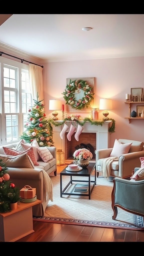 A pink-themed living room decorated for the holidays with two Christmas trees, a garland, and cozy furniture.