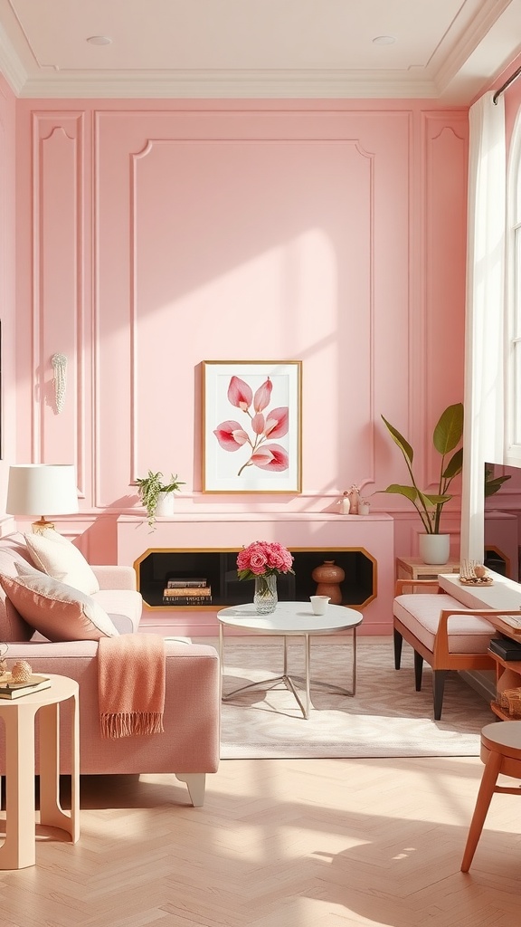 A cozy pink living room with cream accents, featuring a pink wall, pink sofa, and cream furniture.