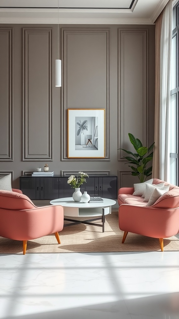 A modern living room featuring two pink accent chairs, a round coffee table, and a neutral color scheme.