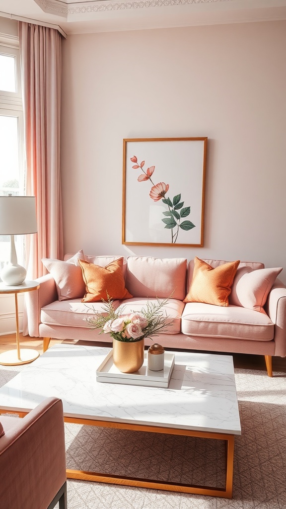 A cozy pink living room with gold accents highlighting a pink sofa, cushions, and a marble coffee table.