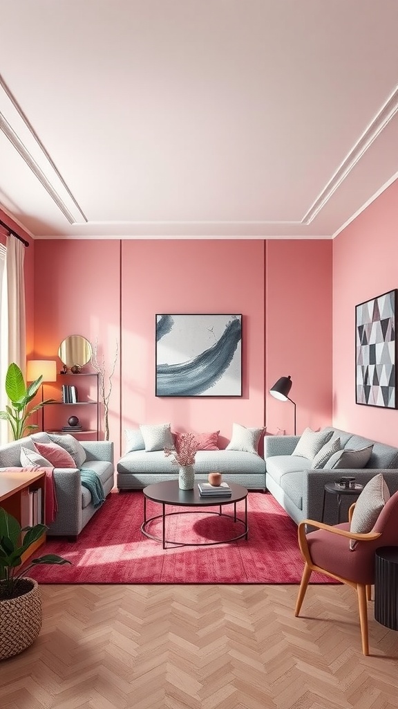 A stylish pink and gray living room with modern furniture and decorative accents.