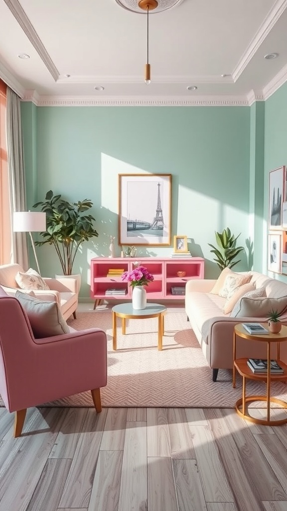 A bright living room featuring pink furniture and mint green walls.