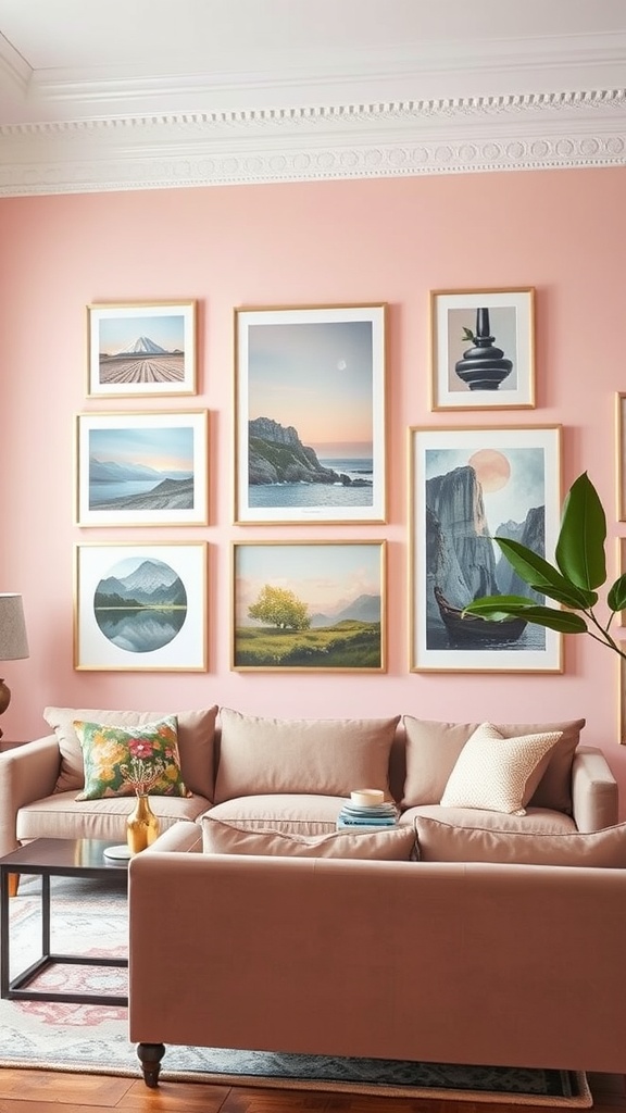 A pink and white gallery wall with various framed artworks and a cozy living room setting.