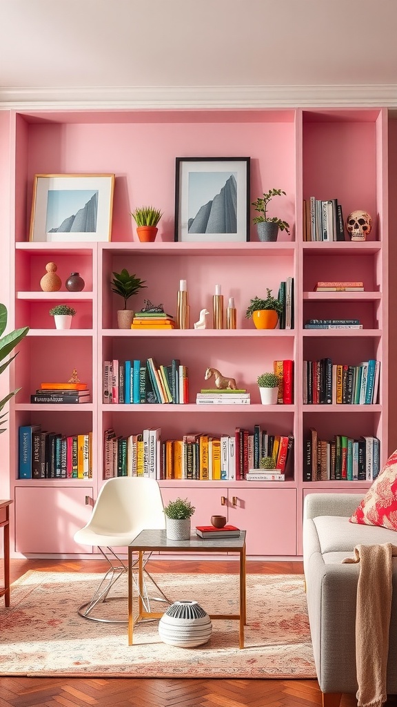 A pink bookshelf filled with books and decorative items in a living room.