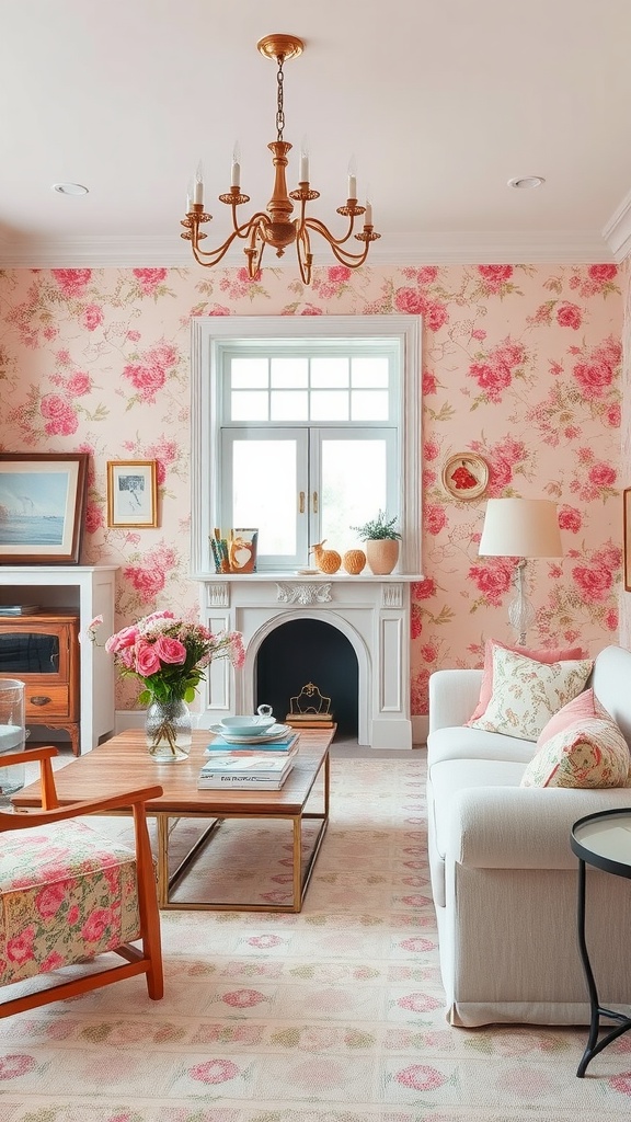 A pink floral wallpapered living room with soft furniture and natural light.