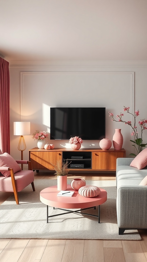 A stylish pink living room with seasonal decor, featuring a pink couch, coffee table, and floral arrangements.