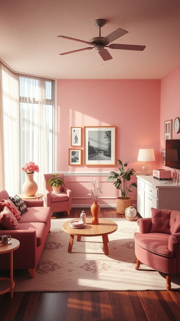 A cozy pink living room with vintage accessories, featuring a pink couch, armchairs, a round wooden coffee table, and potted plants.