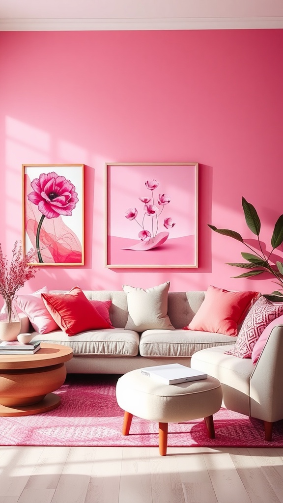 A bright pink living room featuring floral wall art, a light couch with cushions, and a round wooden coffee table.