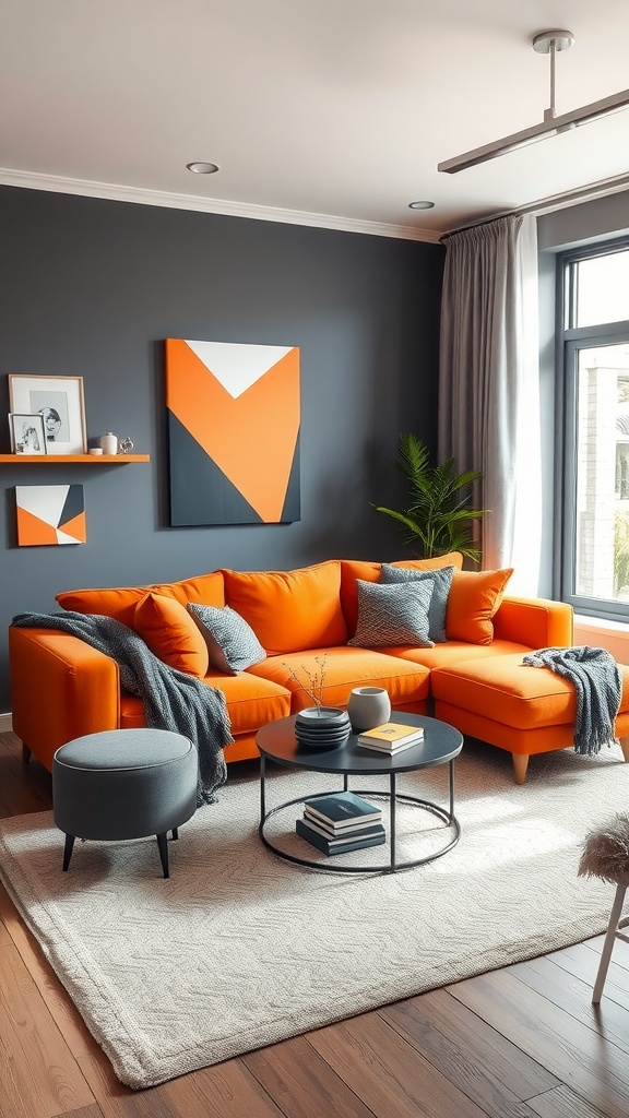 A bright orange living room featuring orange sofas, gray accents, and engaging wall art.