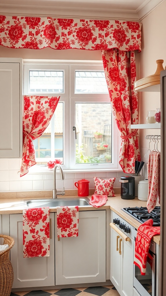 A cozy kitchen with red floral patterns on curtains and towels, brightening the space.