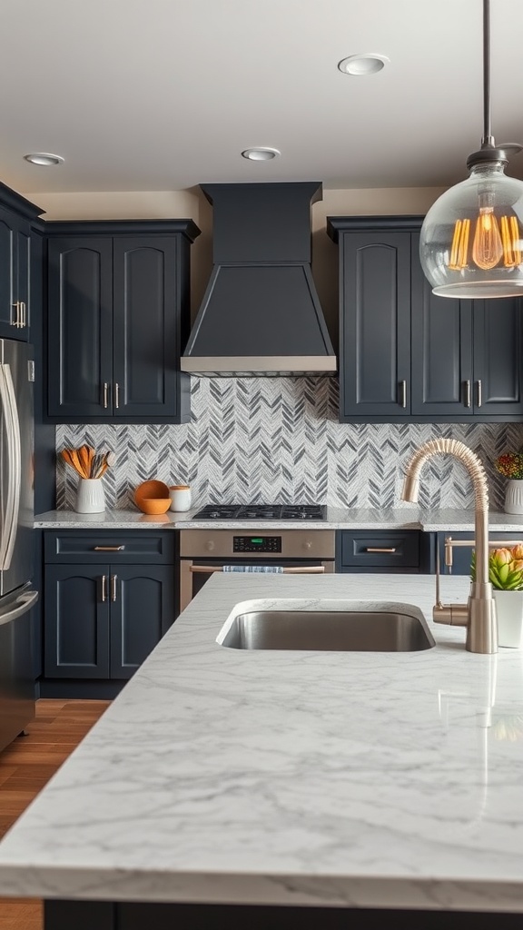 A modern kitchen featuring dark gray cabinets and a herringbone patterned backsplash.