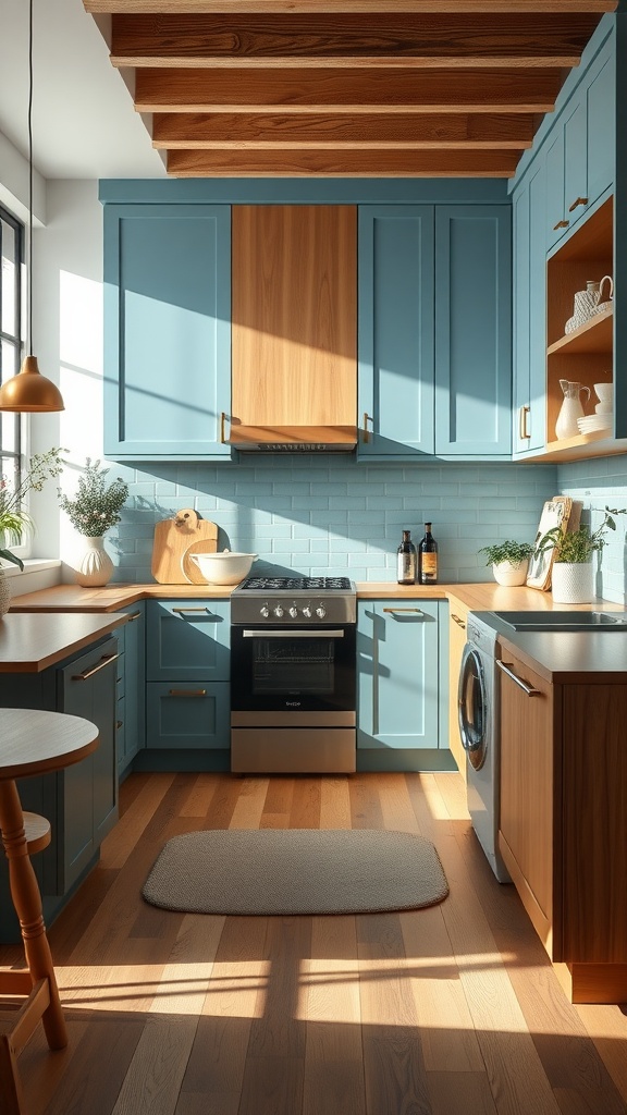 A cozy kitchen featuring powder blue cabinets with natural wood accents, brightened by sunlight.