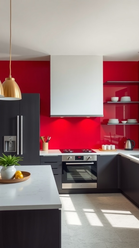 Modern kitchen with a red accent wall and white cabinetry