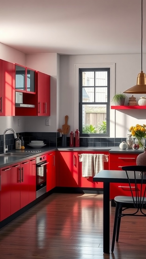 Chic kitchen with red cabinets and black countertops