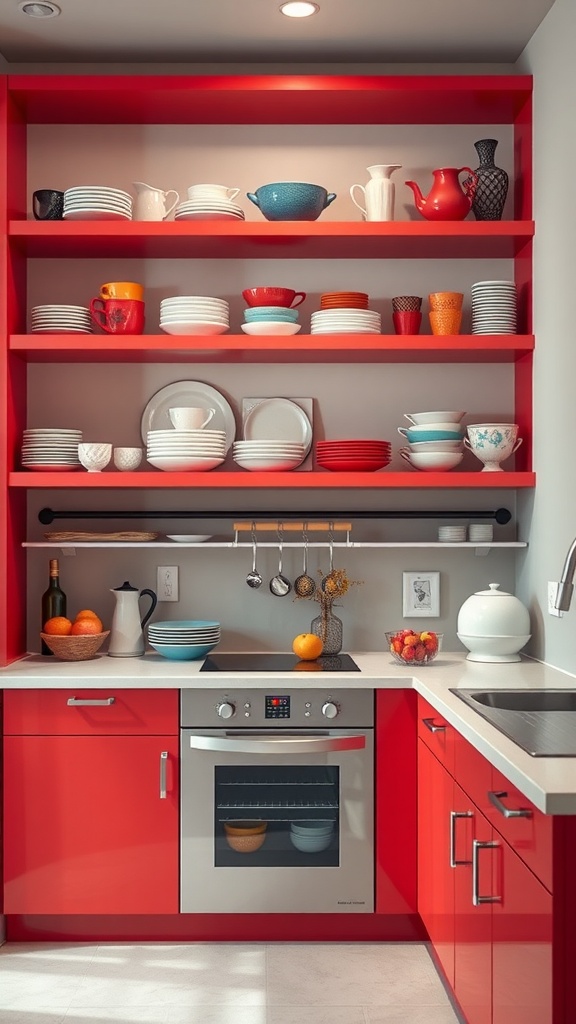 Red kitchen with open shelving displaying colorful dishes and decor