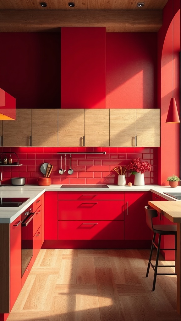 A modern kitchen with red cabinets, a wood ceiling, and a cozy atmosphere.