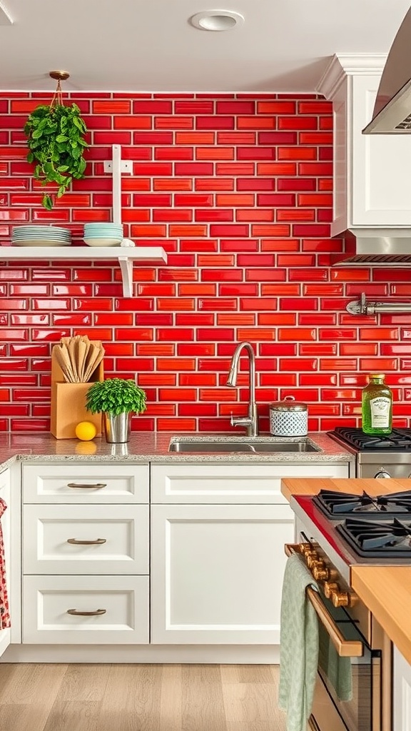 A modern kitchen with a red tiled backsplash, white cabinets, and stainless steel appliances.