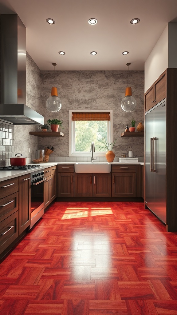 A modern kitchen featuring red flooring, wooden cabinets, and stylish lighting.