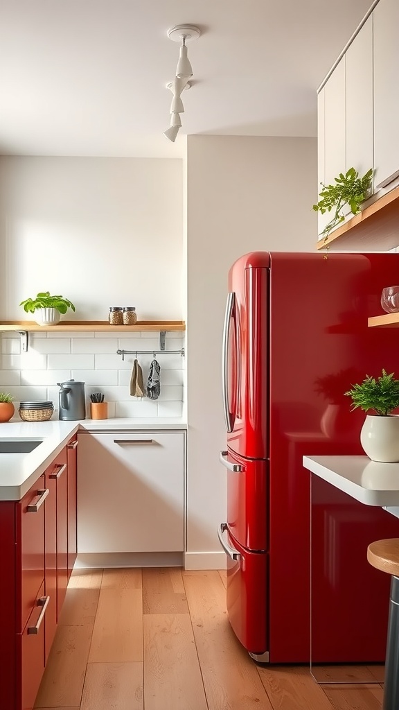 A modern kitchen featuring a bright red fridge, red cabinetry, and light flooring