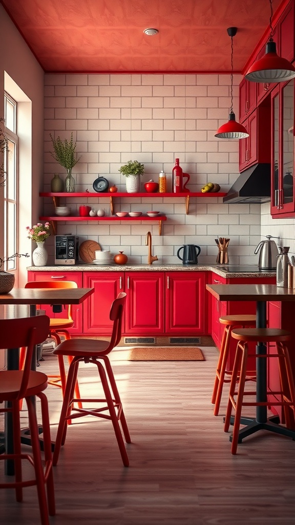 A modern kitchen featuring red cabinets, red stools, and bright decor.