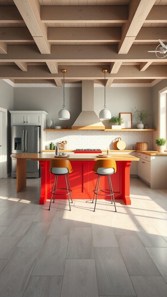 A stylish red kitchen island with bar stools, surrounded by modern kitchen features and ample natural light.