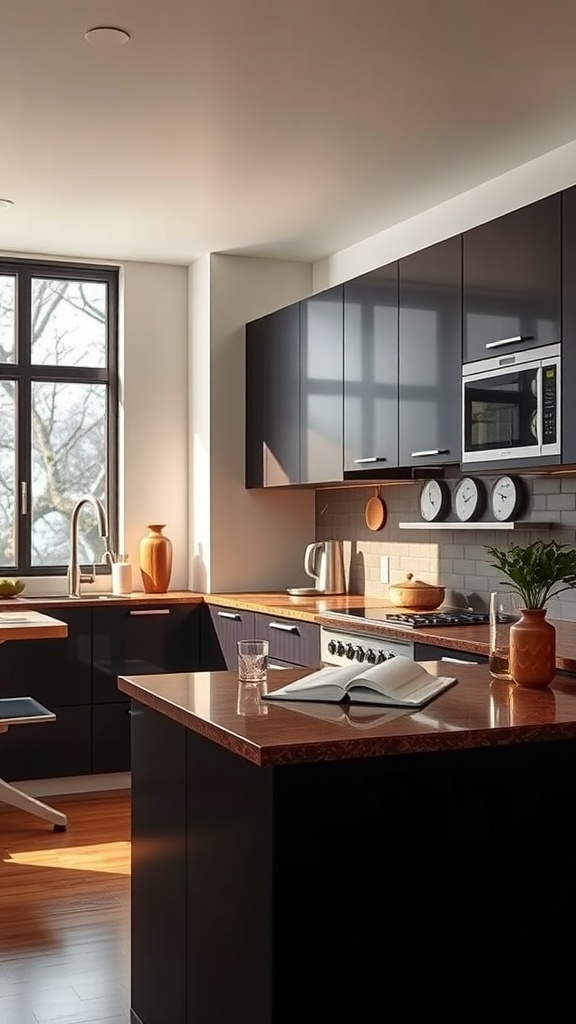 Kitchen with rich chocolate countertops and dark cabinetry