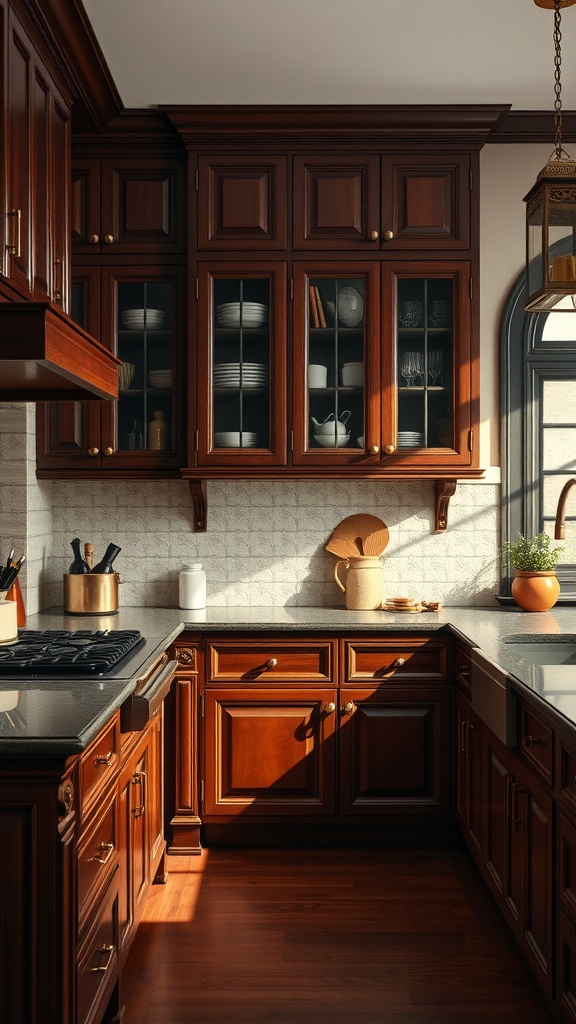 A kitchen featuring rich mahogany cabinets with light countertops and decorative elements