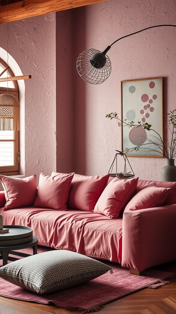 A cozy pink living room with a soft pink sofa, layered rugs, and an industrial light fixture.