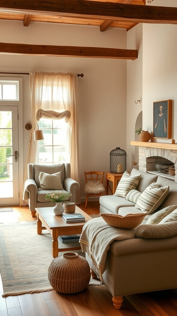 A cozy beige living room with rustic decor featuring wooden beams, a comfortable sofa, and natural accents.