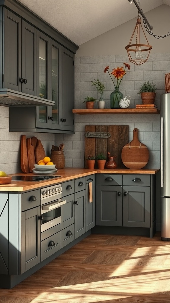 A gray kitchen with reclaimed wood accents, featuring cabinets, a wooden countertop, and decorative plants.